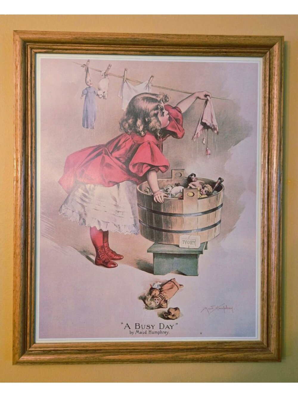 22" "A Busy Day" Print By Maud Humphrey With Oak Frame Laundry Room Decor